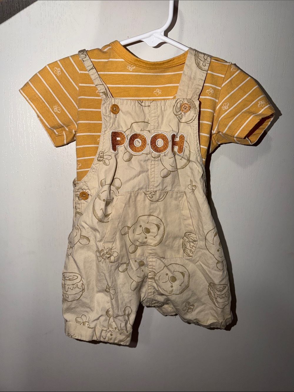 Disney Mustard Striped Tee with Cream Pooh Overalls